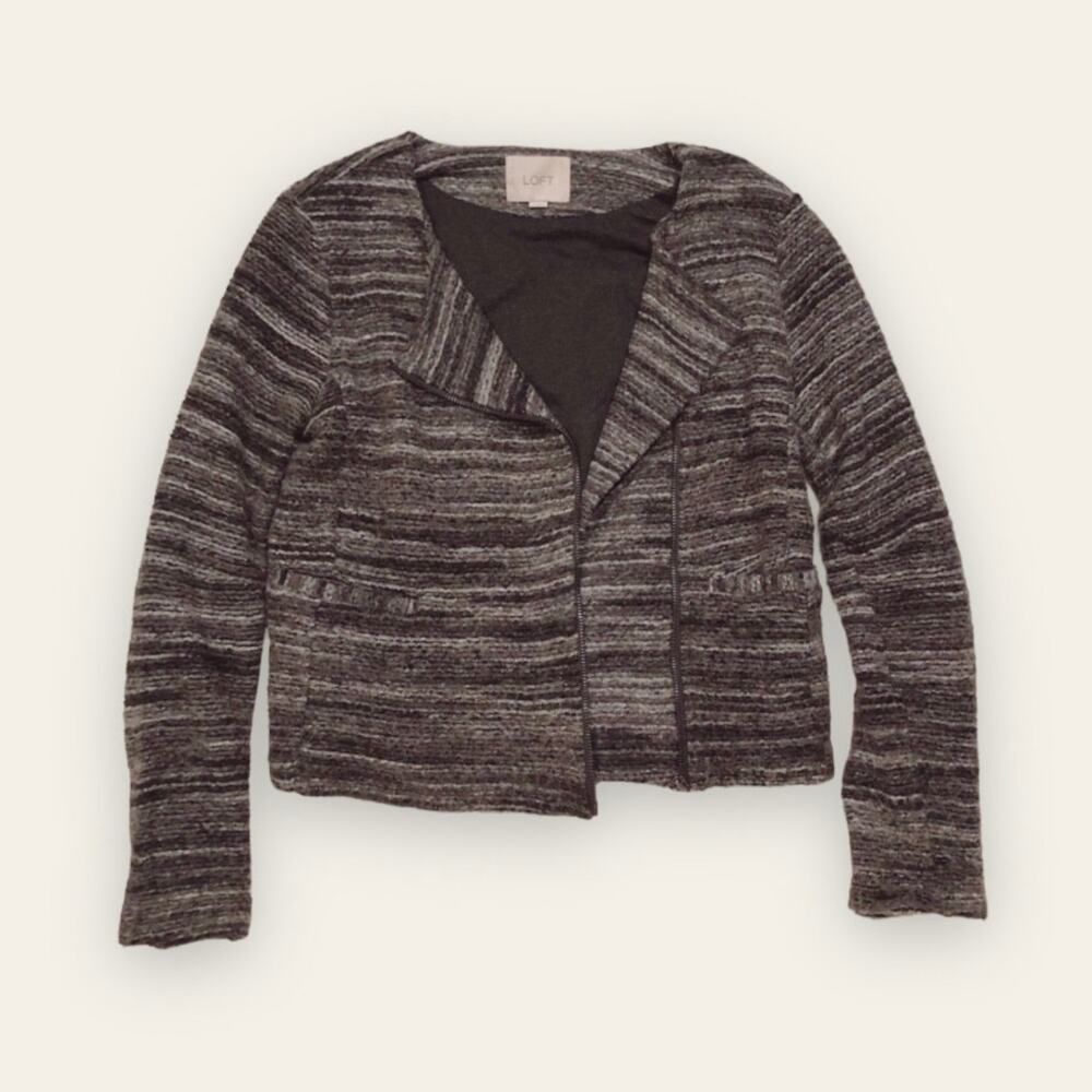 Ann Taylor LOFT Small Striped Zippered Marled Moto Gray Brown Jacket